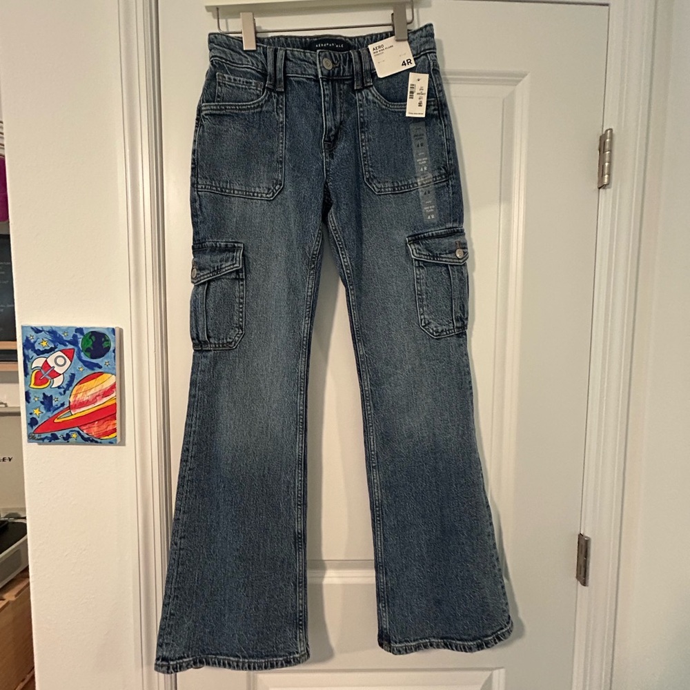 Navy blue mid rise cargo jeans with flared leg